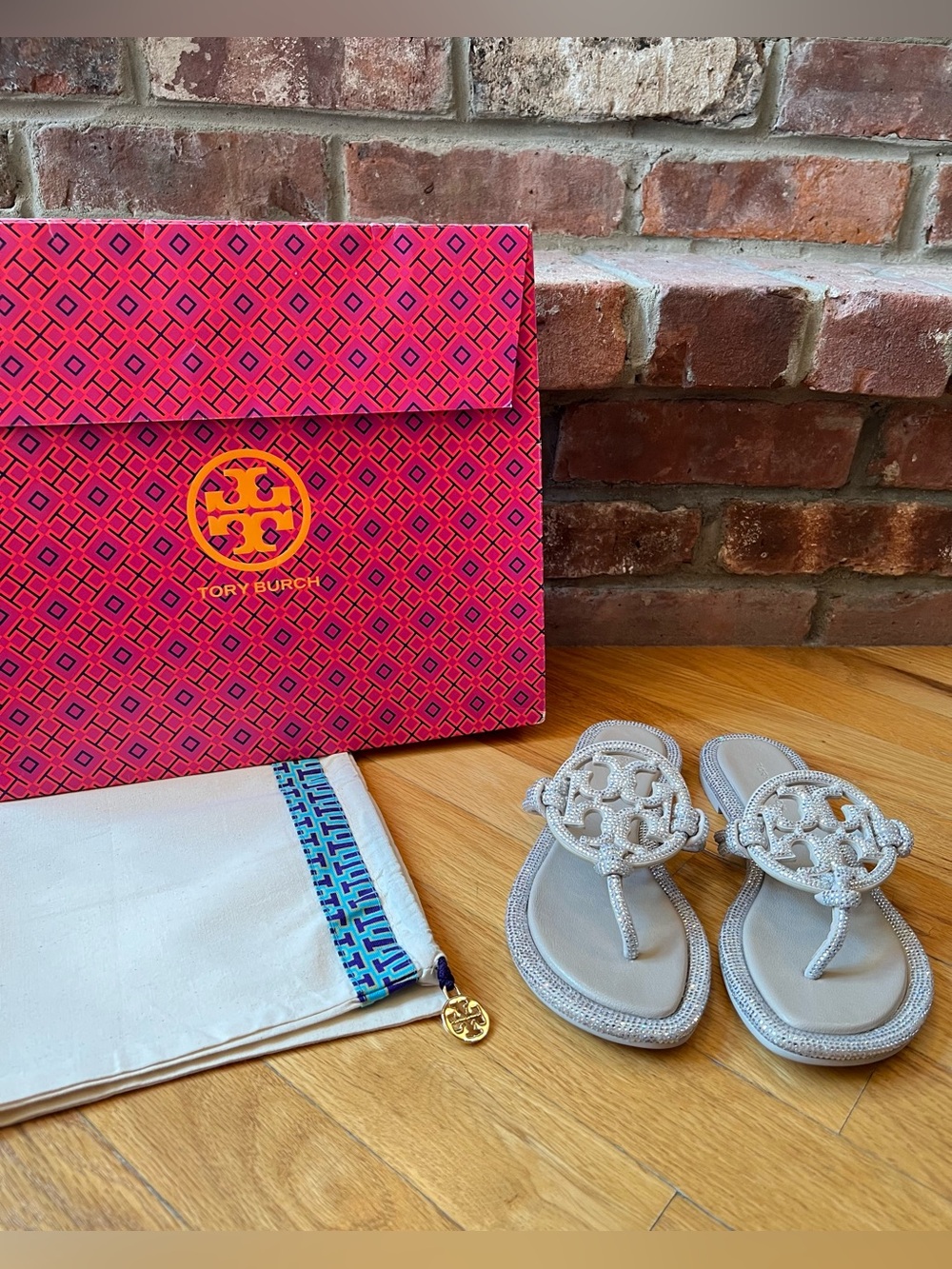 Tory Burch Stone Gray Miller Pavé Crystal Knotted Sandals